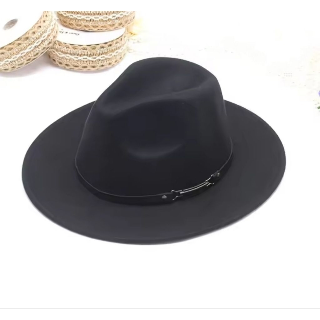 Topi fedora lebar topi pantai pria wanita hitam
