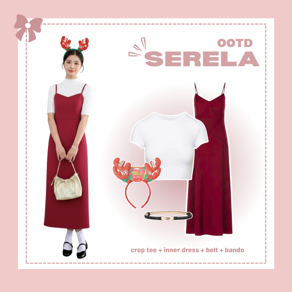 Setelan Serela Outfit Set [ Crop Tee + Inner Dress + Belt + Bando Natal ] One Set Korean Style | OOT