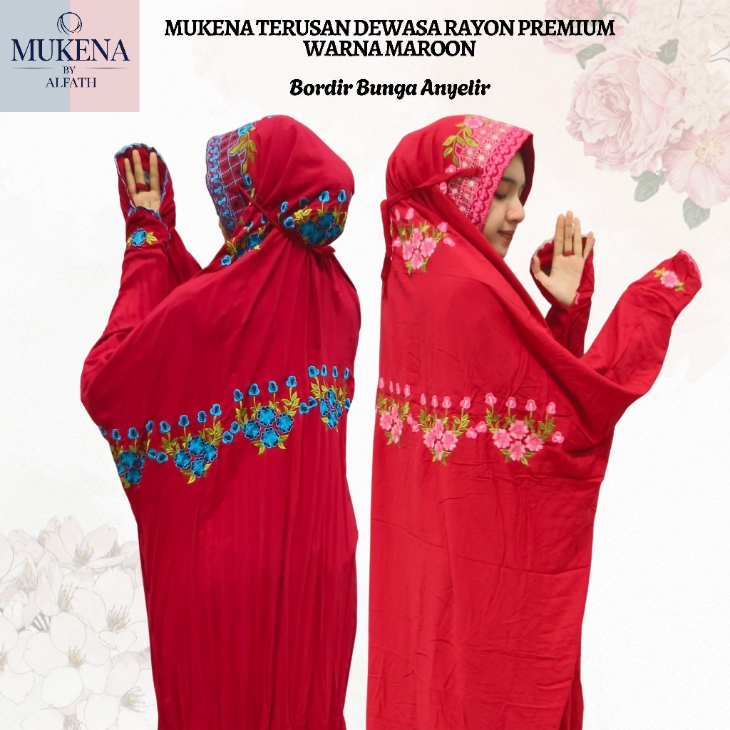 Mukena Terusan Dewasa Bahan Rayon Kain Dasar Warna Maroon Motif Bordir Bunga Anyelir Menawan