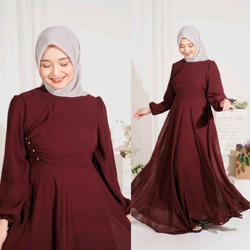 Dress Naomi | Dress Kondangan | Dress Rempel Hiasan Mutiara Putih - bahan ceruty baby doll