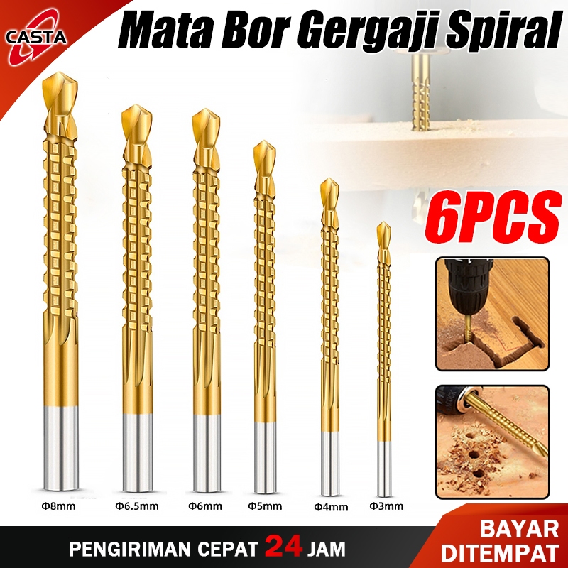 CASTA Set Mata Bor Gergaji Spiral 6PCS – Titanium HSS Kobalt, Multi Fungsi untuk Kayu, Plastik, Alum
