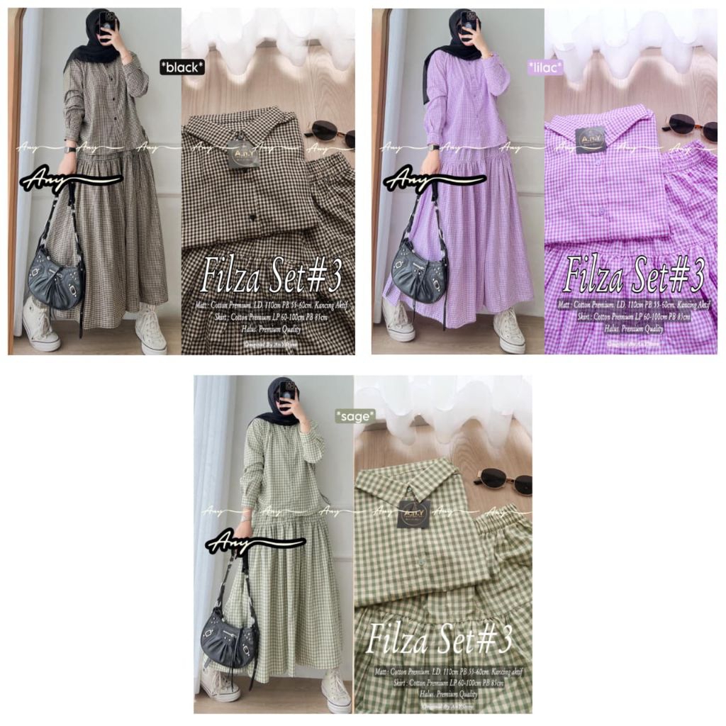 AnY Setelan Atasan Blouse Bawahan Rok Katun Square Kotak2 Filza Set