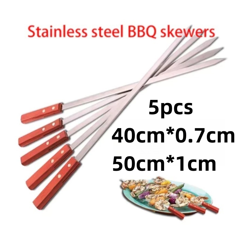 5pcs tusuk sate stainless Steel with Wooden Handle dapat digunakan kembali Alat barbekyu Alat Kebab