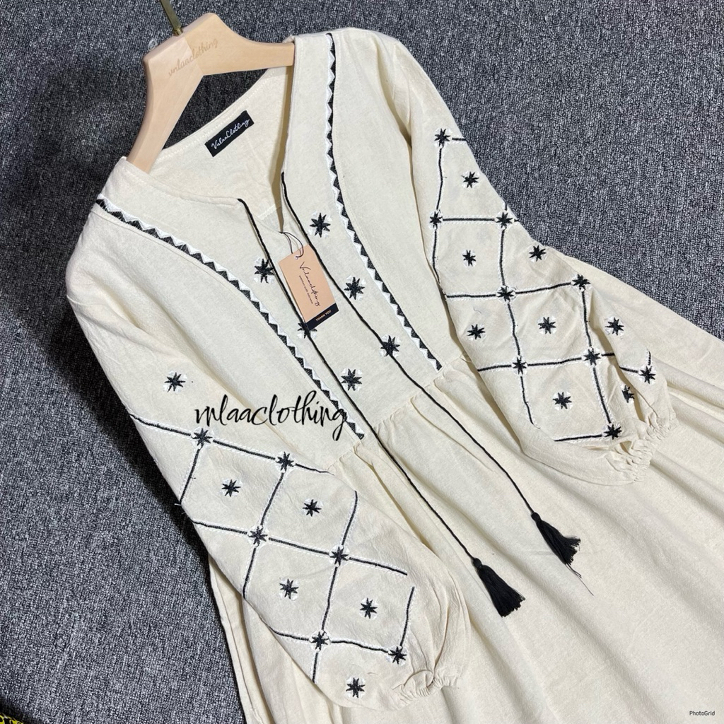 Jenna Dress Linen Bordir Premium / Dress linen terbaru / dress linen Angel