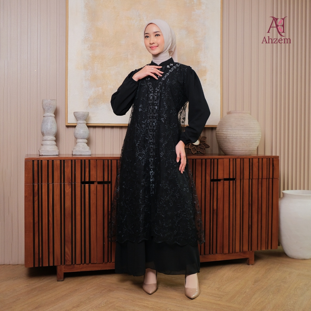 Ahzem Official - Gamis Brokat Lebaran Jamela Hitam Premium Dress Kondangan Baju Wanita Haji Umroh Bu