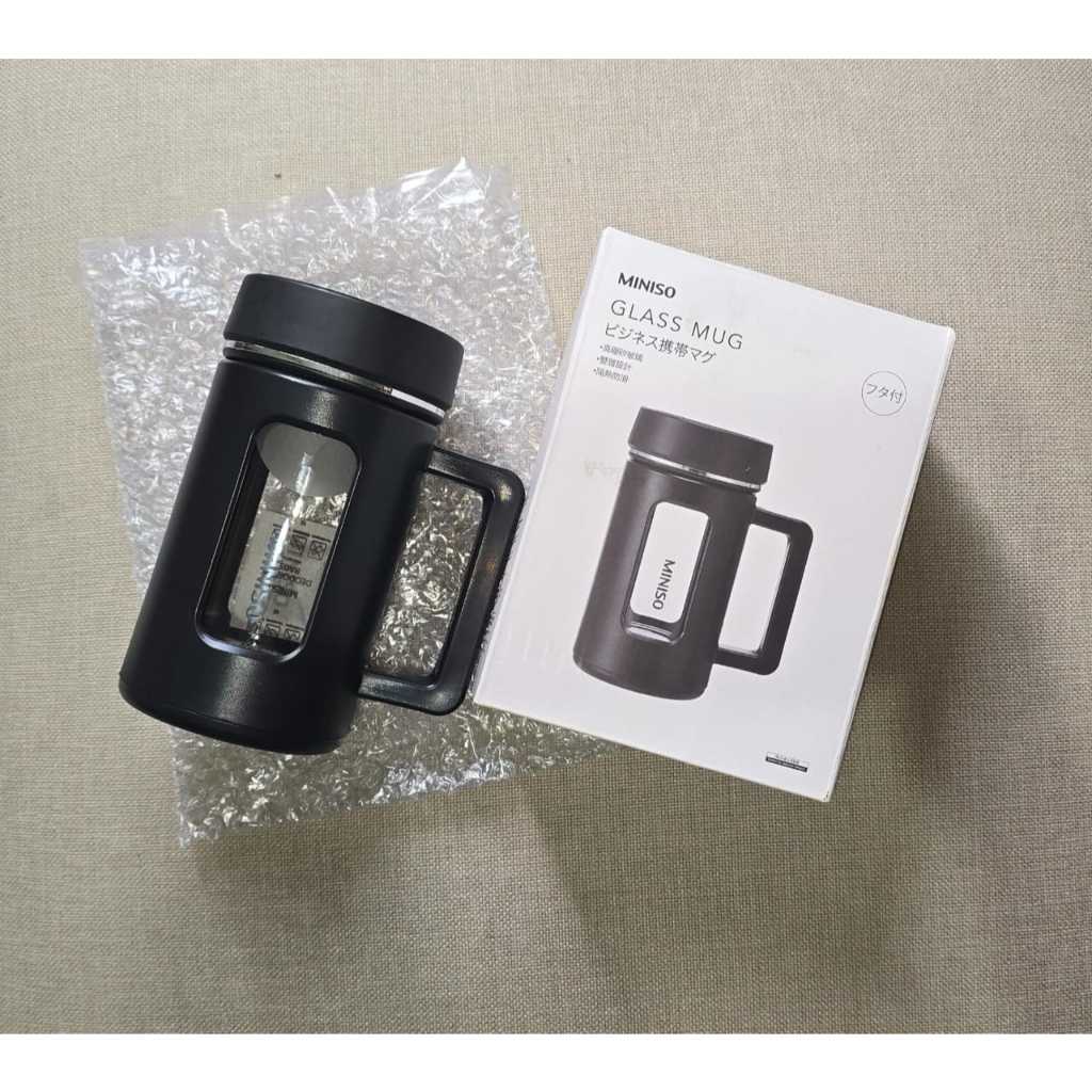 Garage Sale | Glass Mug Miniso - Gelas Kaca Plastik Mug Dengan Tutup