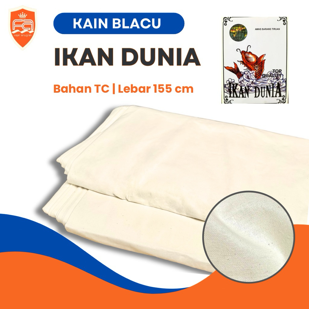 (50 Meter) Kain Blacu cap IKAN DUNIA Lebar 155 cm (Blaco / Belacu / Belaco / Greige) | Bahan Totebag