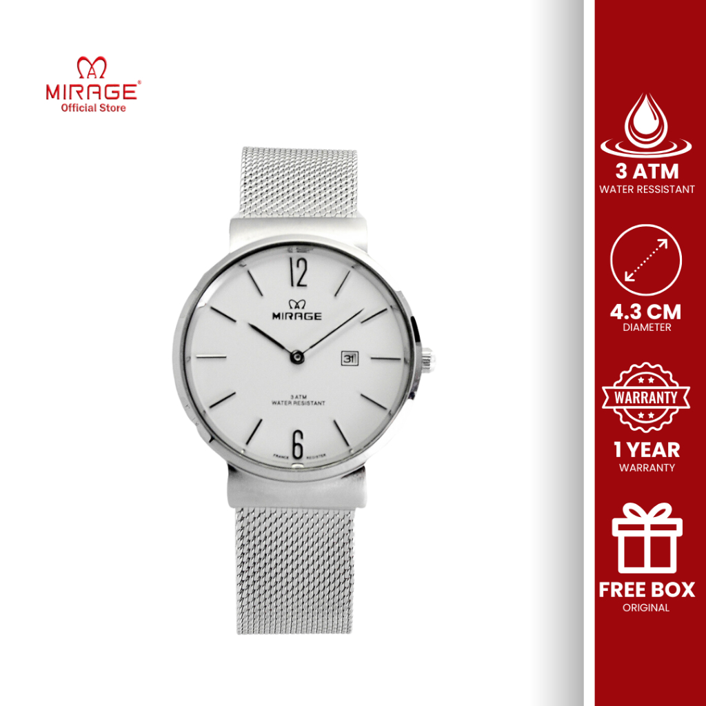 Mirage Jam Tangan Analog Pria Anti Air Silver Rantai Pasir 8624 / 8891 L 2 Jarum Stainless Original