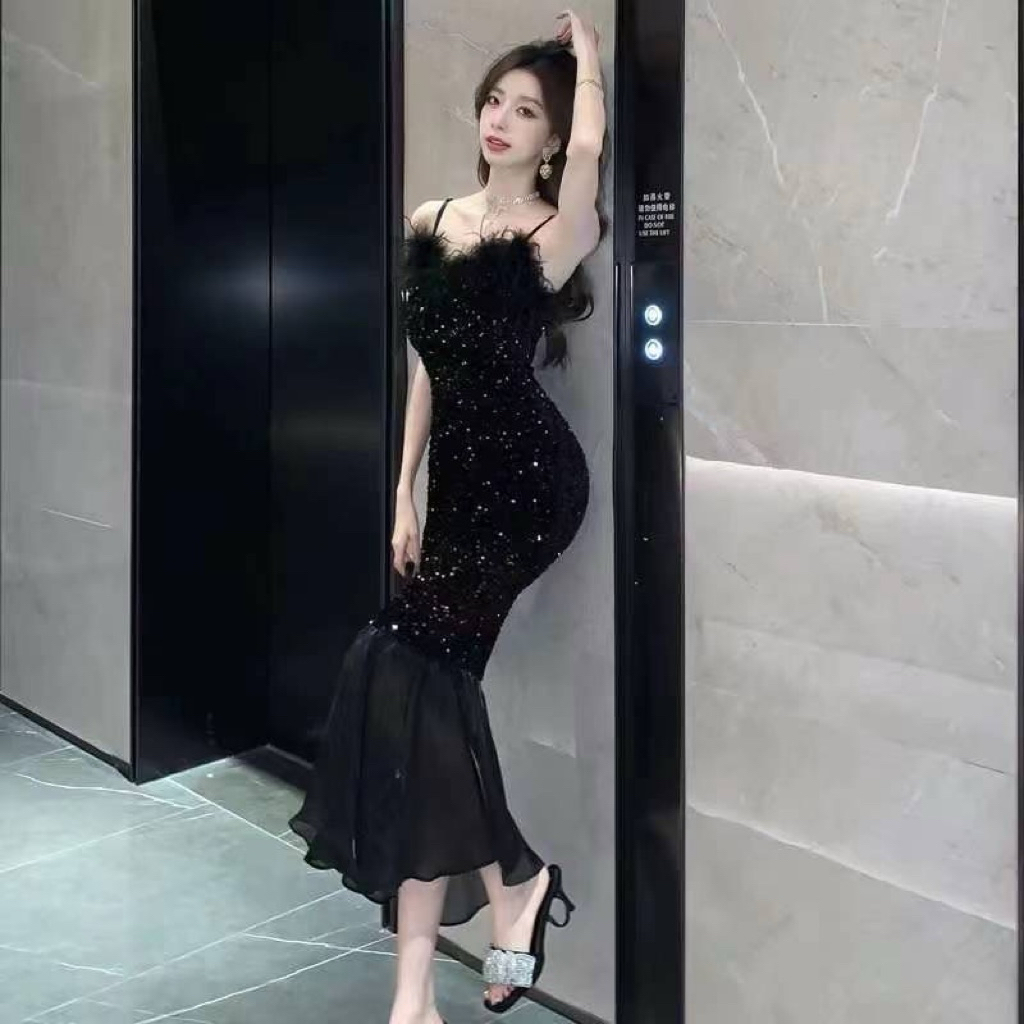 DRESS MAXI DUYUNG SQUIN MEWAH/ DRESS MIDI SQUIN RUMBAI DUYUNG TILE