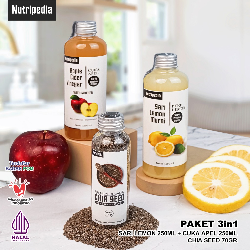 Nutripedia Paket Diet Detox 3in1 Sari Lemon 250ml, Cuka Apel 250ml, Chia Seed 70Gr