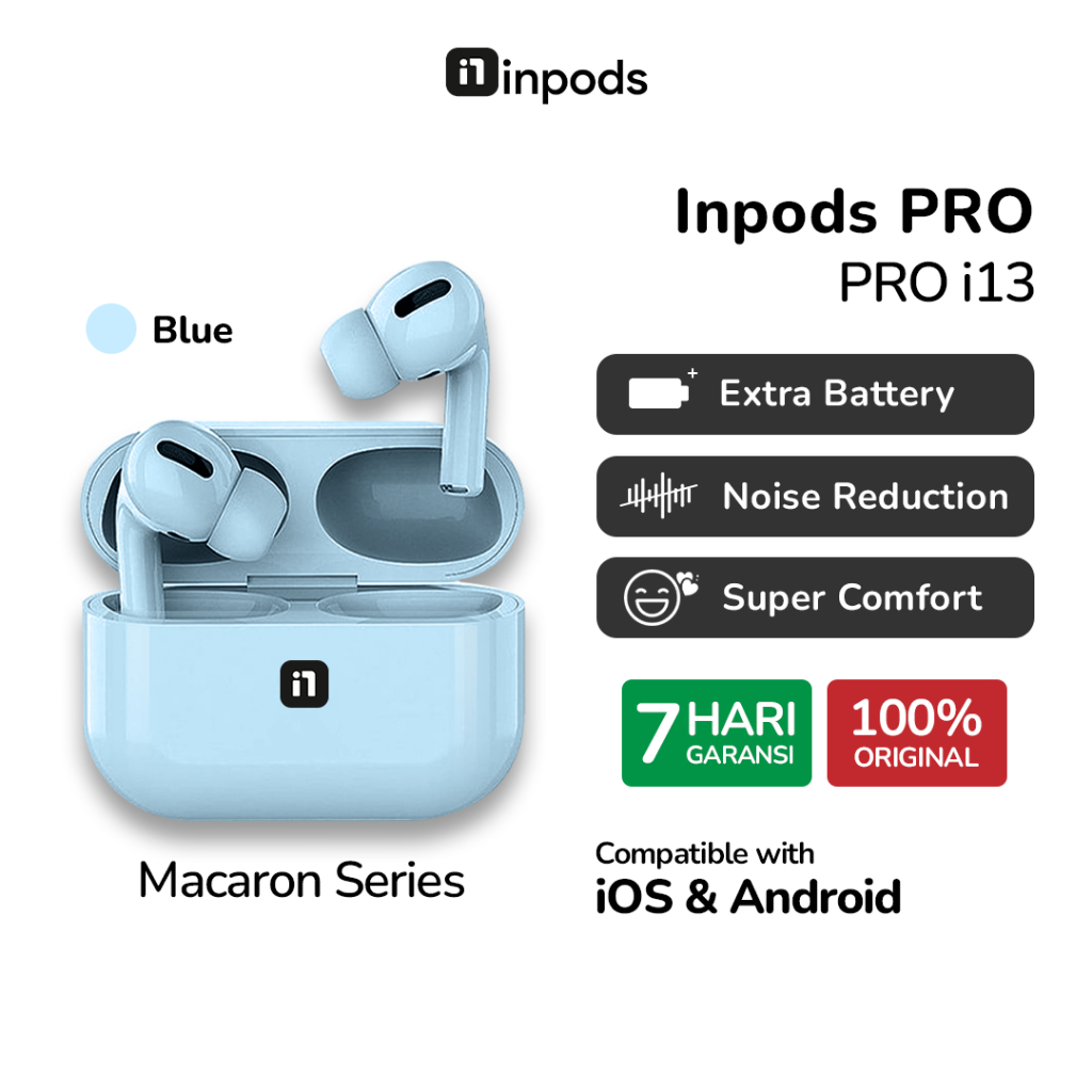 InPods Pro i13 Blue Macaron Series - TWS i13 Earphone Wireless Bluetooth, Mic Jernih Earbuds iPhone 
