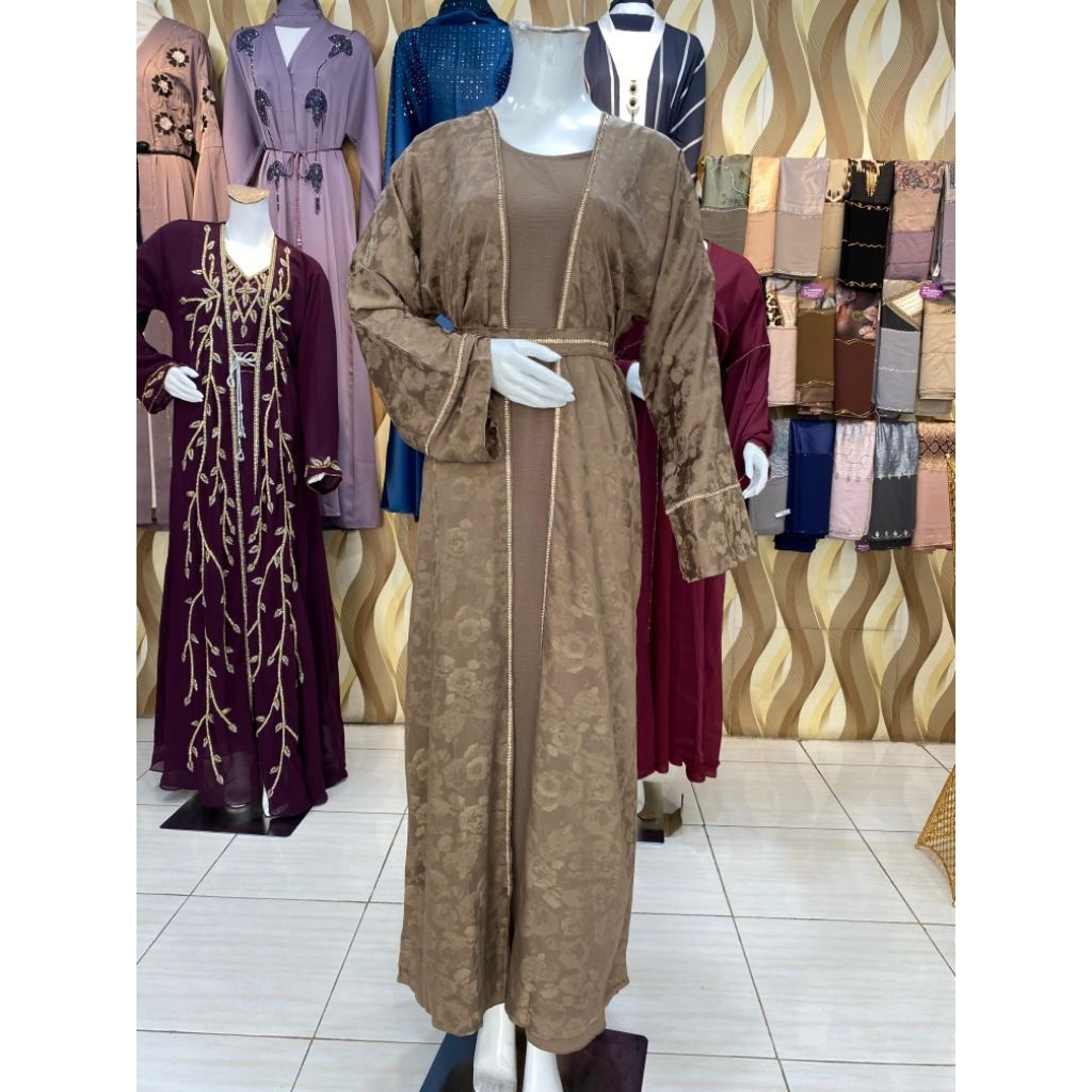 Abaya Dubai Inner Outer Motif Bunga Embos Warna Coksu