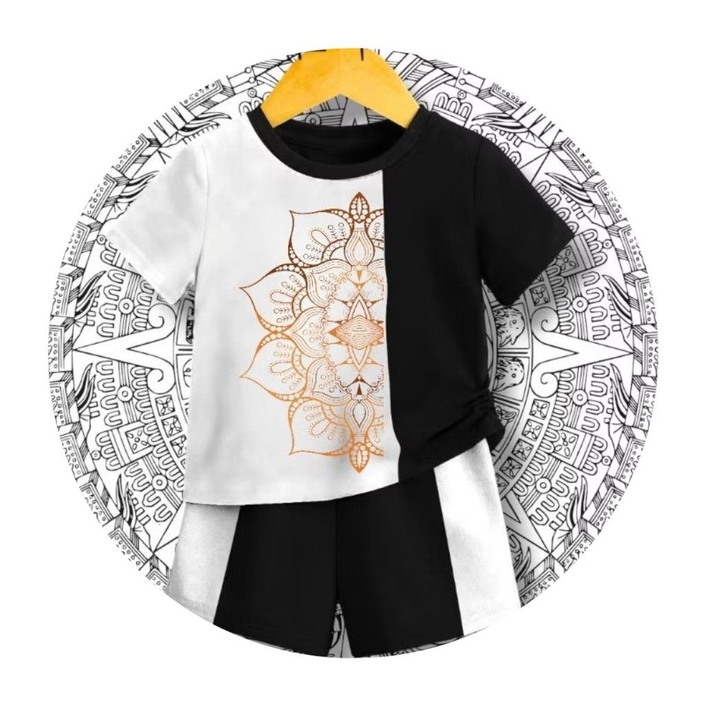 baju setelan kaos anak cewek cowok kombinasi hitam putih motif batik bunga bunga samping baju distro