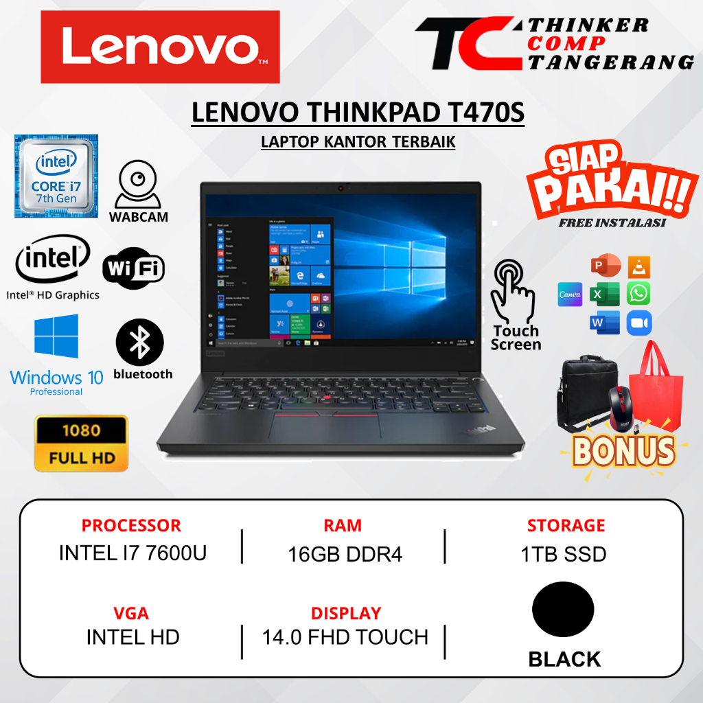 Lenovo Thinkpad T470S Intel I7 7600U 16GB 1TB 14.0 FHD Touchscreen Win10Pro