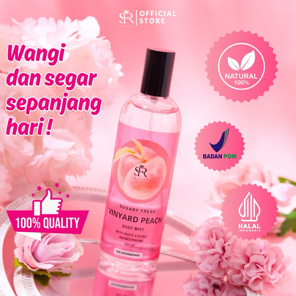 Parfum Body mist Sefire | Vinyard peach 100ml |Tahan Lama 6–8 Jam | Halal & BPOM