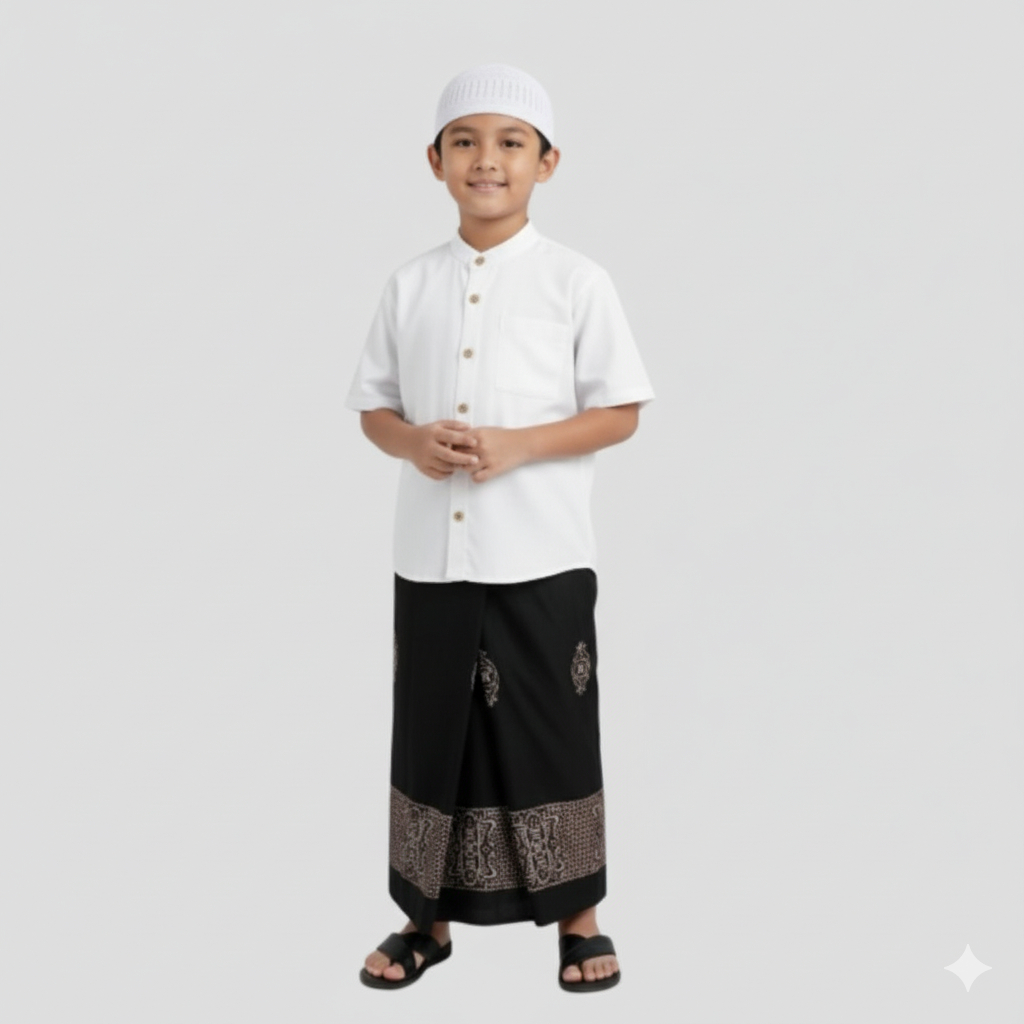 Peket lengkap SARKOCI Setelan Baju koko sarung peci anak laki laki lengan pendek usia 4-12 tahun