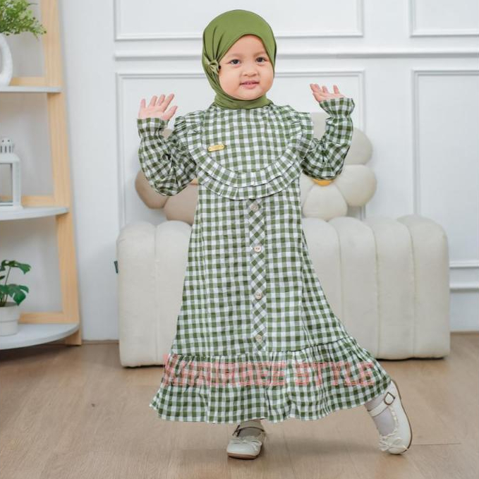 Baju gamis anak monika bahan katun motif kotak-kotak 1-8 tahun plus hijab jersey