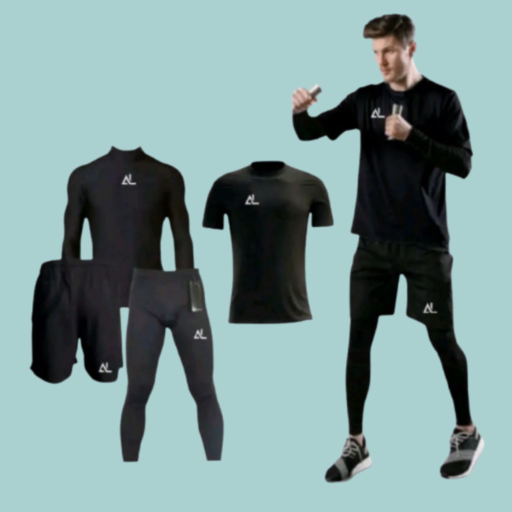 4 IN 1 - Baju Jersey Baju Manset Lengan Panjang Celana Pendek Legging Panjang Olahraga Pria Futsal L