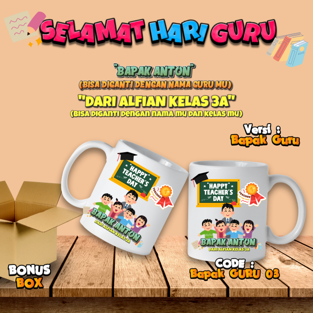 Mug Custom Hari Guru Custom Nama 340ml Desain Ibu Guru Berhijab / Ibu Guru / Bapak Guru