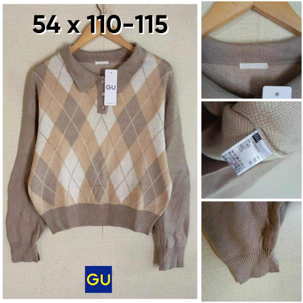 Sweater Argyle GU by UNI Coklat Motif Ketupat Kerah Size L Wanita Knit Bahan Tebal Empuk OB800
