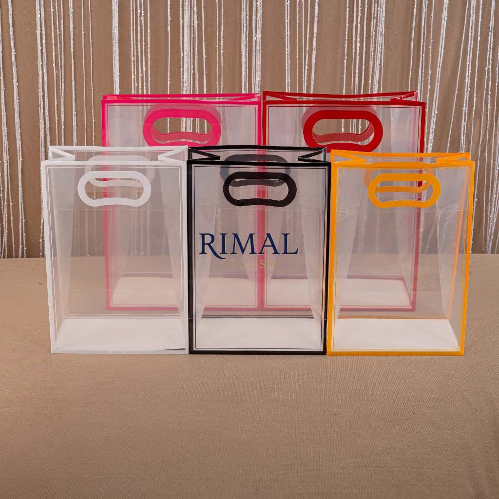 Paper Bag Transparan Mika PVC Premium Tebal Handle Oval List warna tepi glossy | Handle Kuat | Tas S