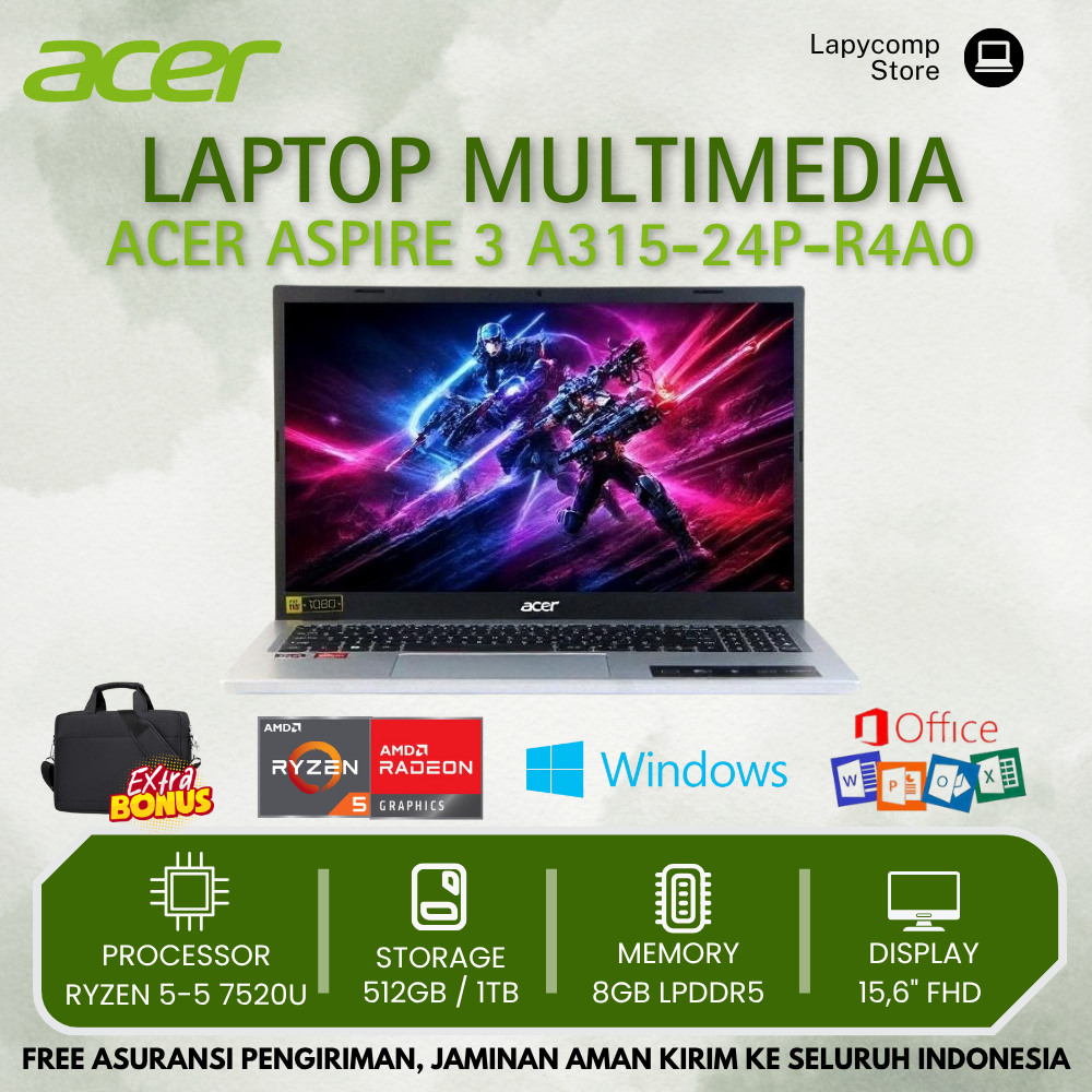 Laptop 5 Jutaan Untuk Desain Gaming Murah Acer Aspire A315-R4A0 Ryzen 5-7520 8Gb 512Gb 15.6"Fhd Baru