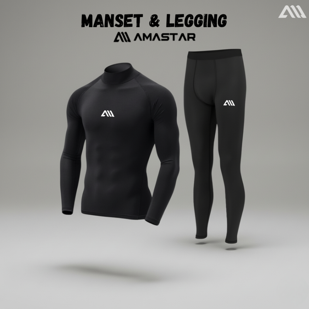 AMA - Paket Setelan Olahraga 2 in1 Manset Baselayer Lengan Panjang Celana Legging Baselayer Gym Bola