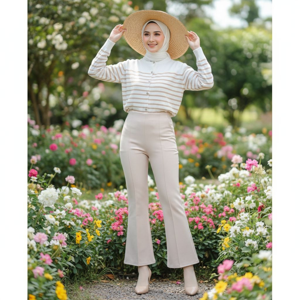 Setelan Wanita Jinju Atasan Rajut Stripe + Celana Cutbray Bahan Scuba Terbaru