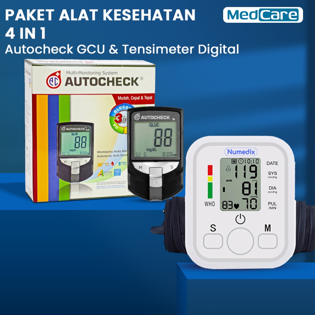 Paket Hemat 4 In 1 Autocheck 3 In 1 Mesin Alat Cek Gula  Darah Kolesterol Asam Urat / Tensimeter Dig