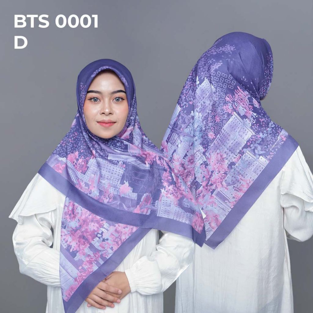 Hanny Hijab Segi Empat Motif Nuansa Ungu Biru muda bahan exclusive