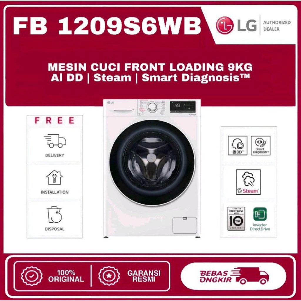 MESIN CUCI FRONT LOADING LG 9KG FB-1209S6WB INVERTER FRONT LOADING LG 9KG FRONTLOADING LG 9 KG FRONT