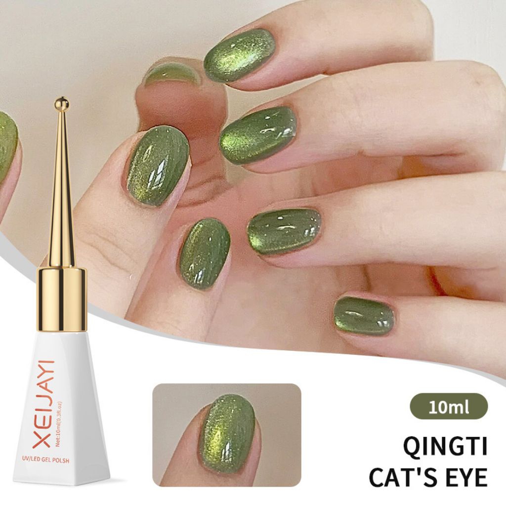 Kutek Gel Hijau Olive Cat Eye / Kutek Olive Nail Art Kutek Cat Eye Gel Olive