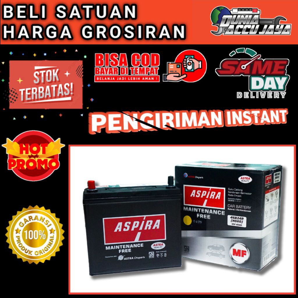AKI mobil kering ASPIRA mf ORI Astra NS60 46b24R 12V 45ah  Avanza , Veloz , Hilux , Rush , Starlet ,