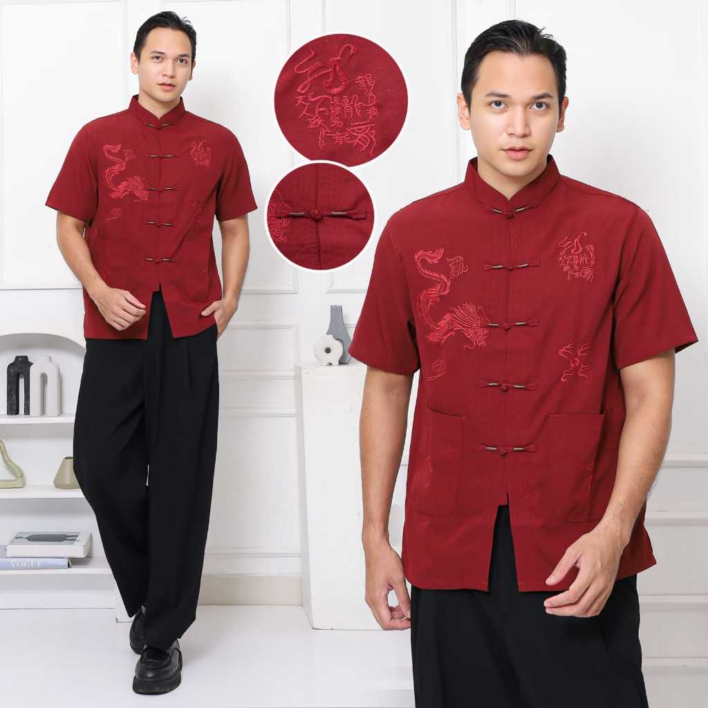 Chinese New Year Sale Baju Cheongsam Pria Baju Tradisional Kemeja Formal Baju Imlek Pria Bordir Naga