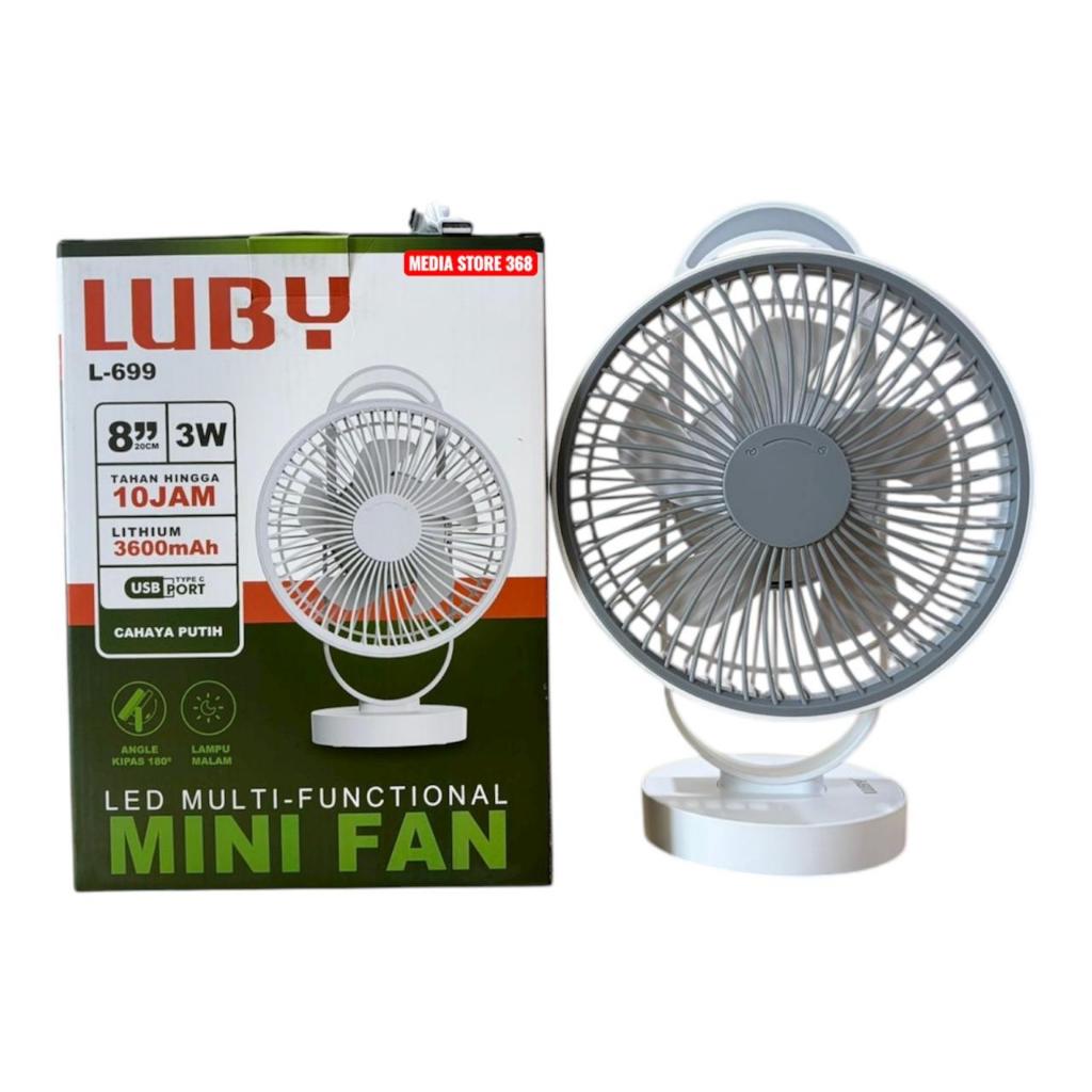 LUBY Kipas Angin Meja Cas 8Inch 3 Kecepatan Mini Fan LED Multi-Functional AC/DC Tidak Bising