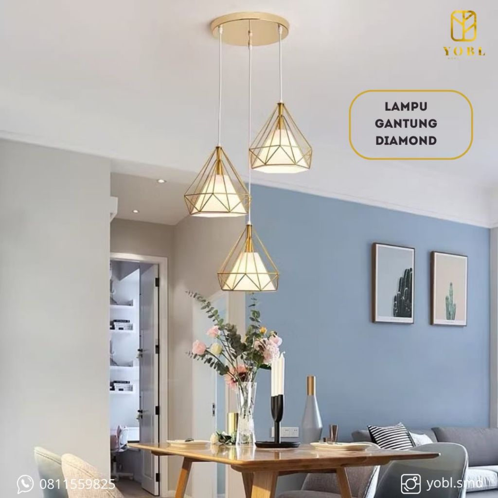 YOBL Lampu Gantung Diamond Gold Modern untuk Ruang Tamu & Dapur Desain Elegan