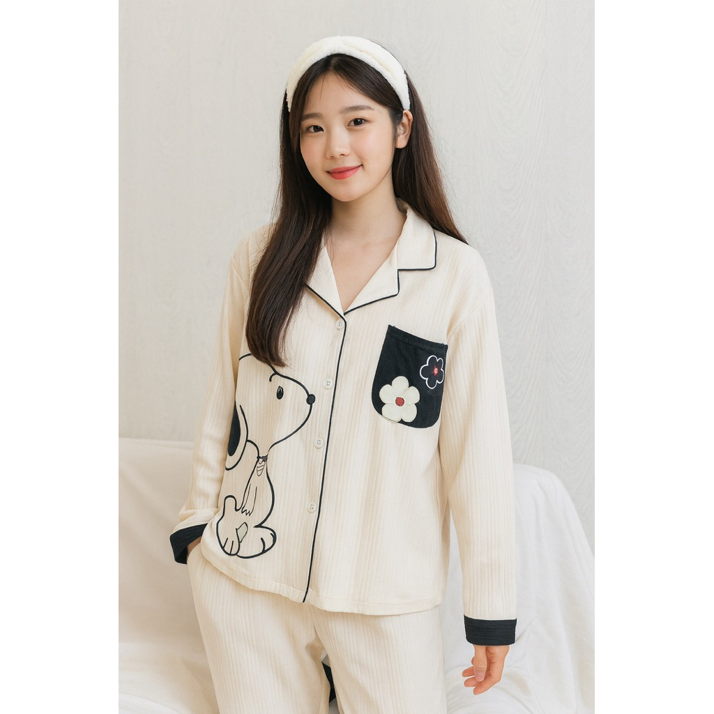 Piyama Baju Tidur Set Snoopy Wanita Lengan Panjang