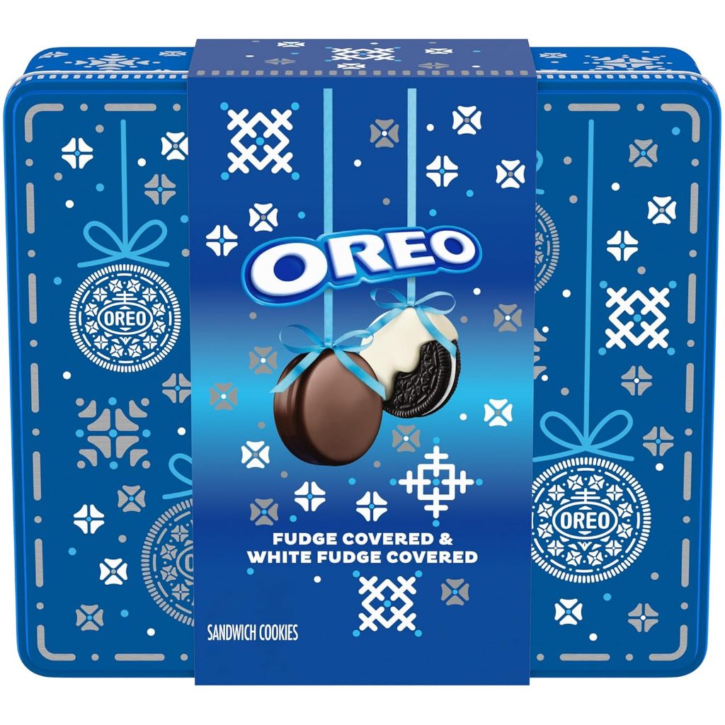 OREO Fudge and White Fudge Covered Chocolate Sandwich Cookies, Holiday Cookies, 1.02 lb Tin