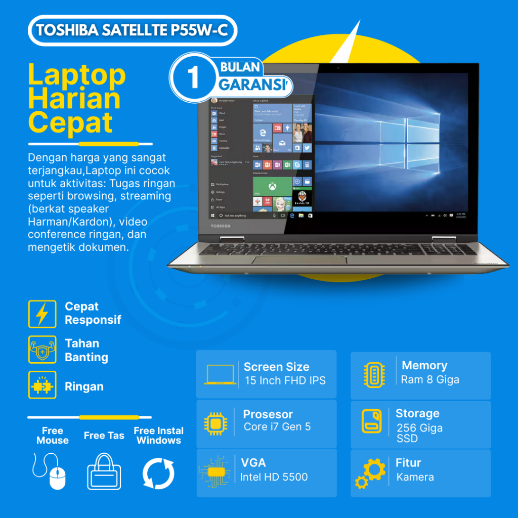 Laptop Toshiba Satellte P55W-C Core i7 Gen5 Ram 8Gb SSD 256Gb 15inch FHD IPS