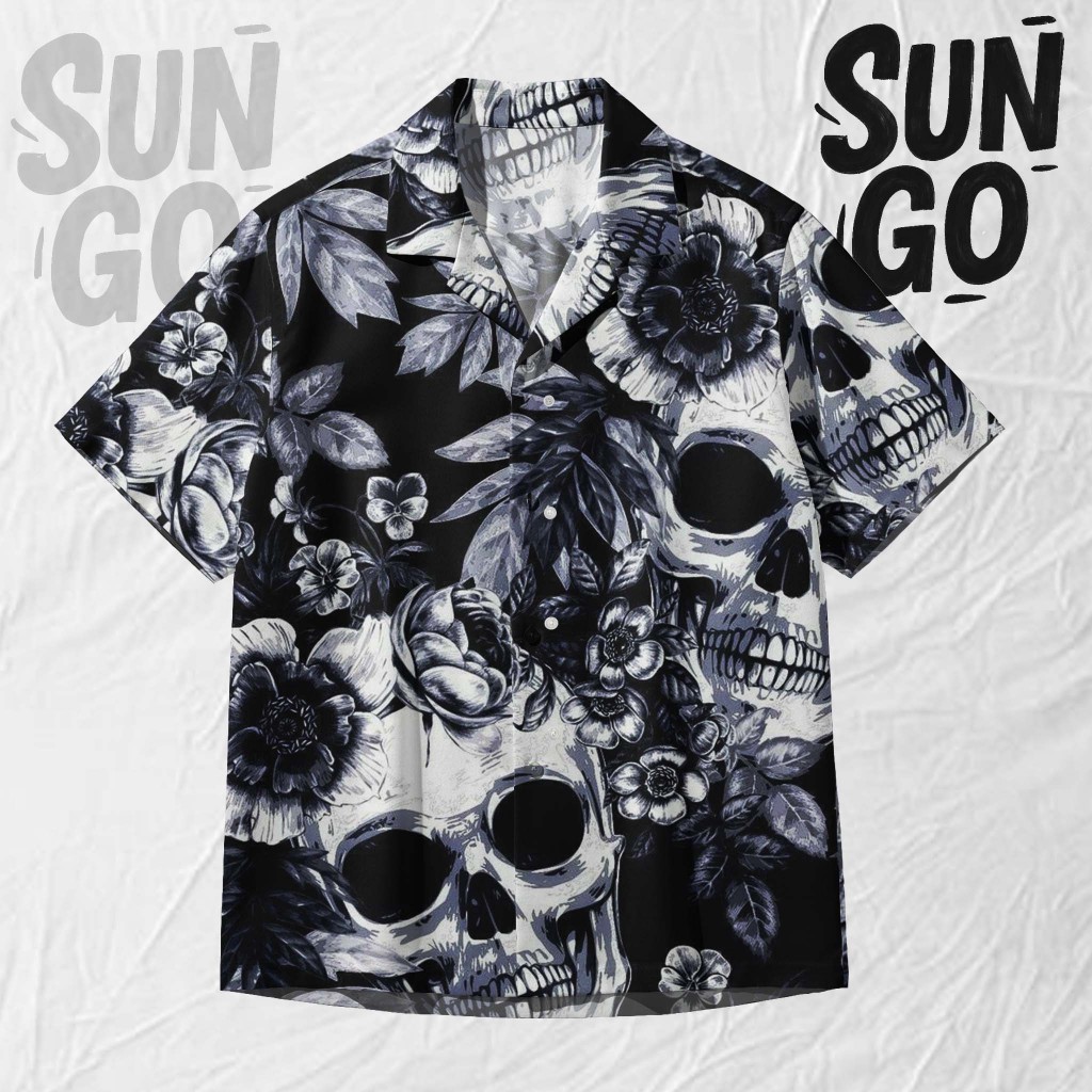 SUN GO Kemeja Pria Gothic Keren – Baju Motif Tengkorak Bunga Monokrom | SG181