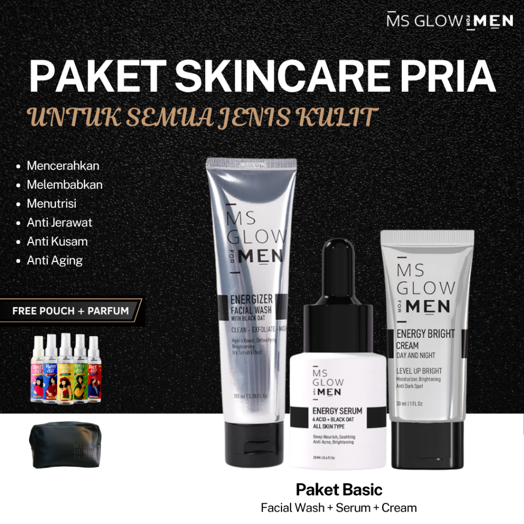 MS Glow For Men - Paket Wajah Basic - Skincare Pria - 150 ml - Pemutih Wajah Pria Penghilang Pori Po
