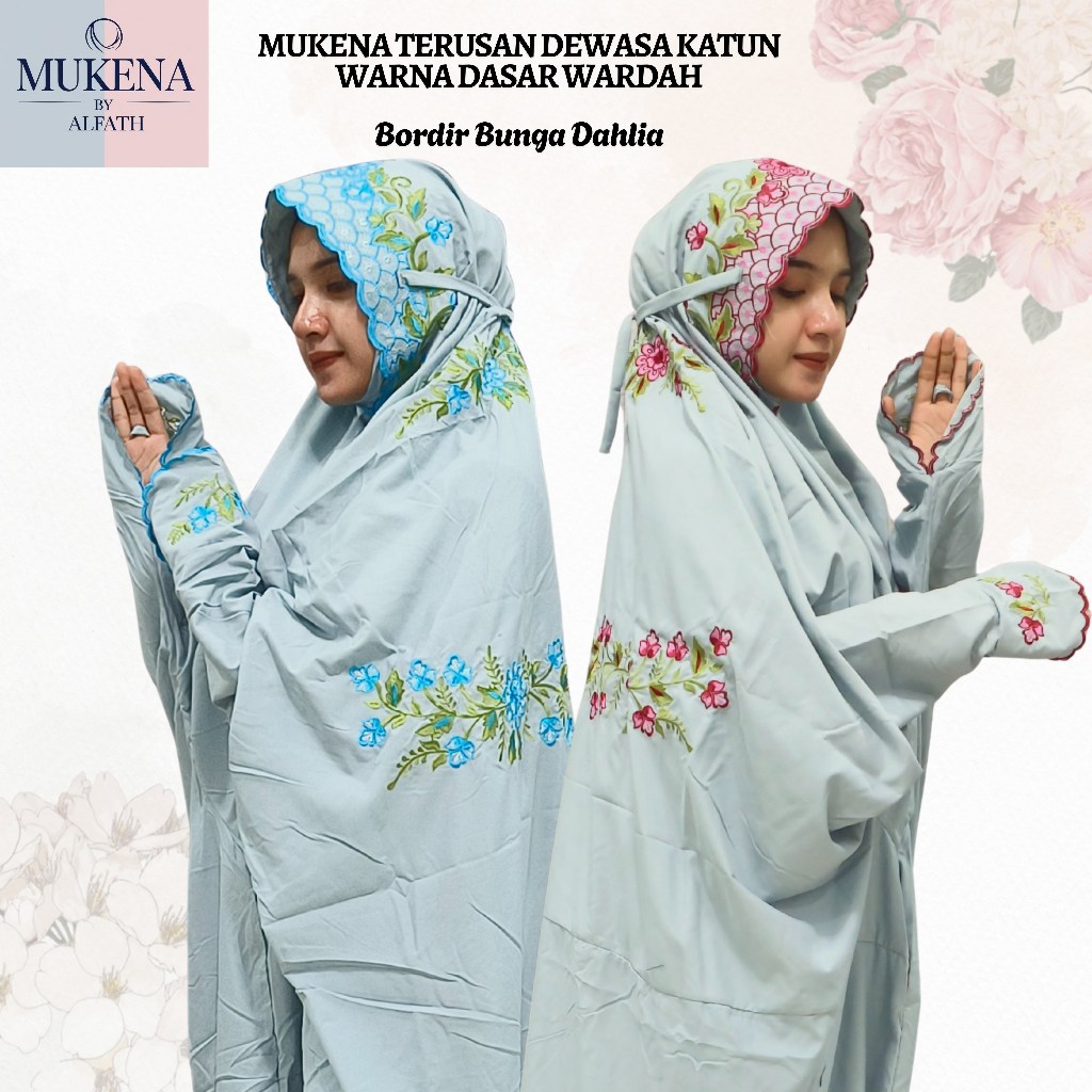 Mukena Terusan Dewasa Katun Mikro Super Soft Warna Biru Wardah Bordir Bunga Dahlia Menawan