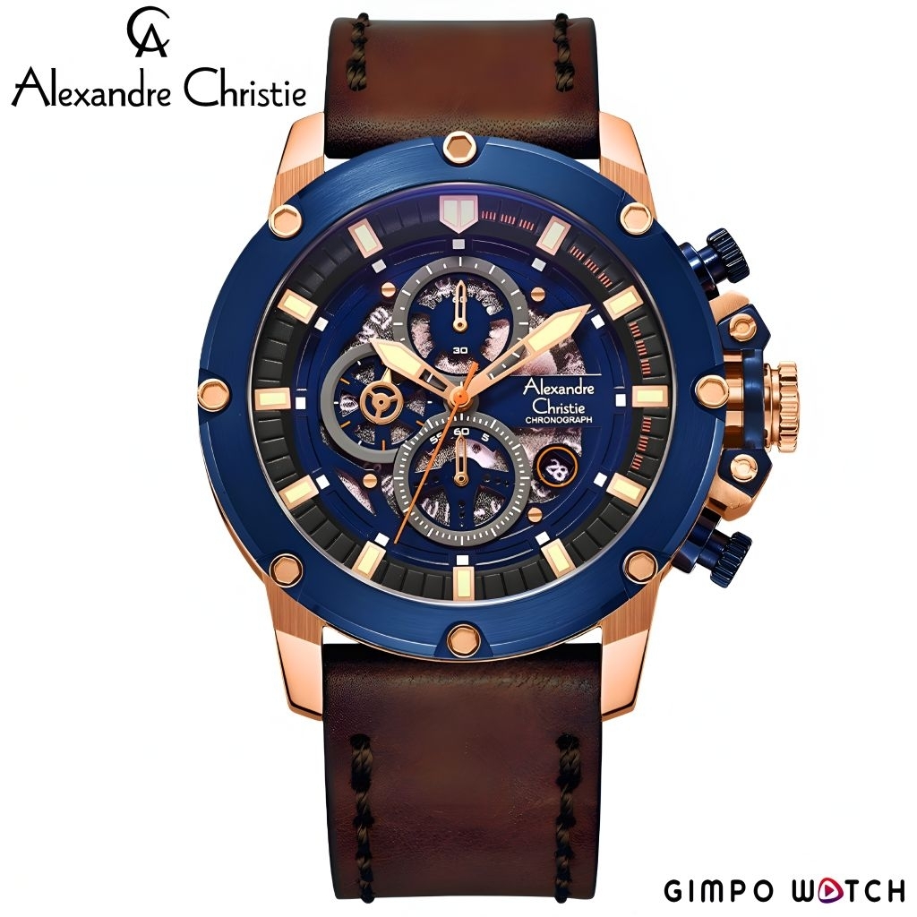 Jam Tangan Pria Alexandre Christie Original Chronograph AC6564MC Rose Gold/Blue Bazel Leather Strap