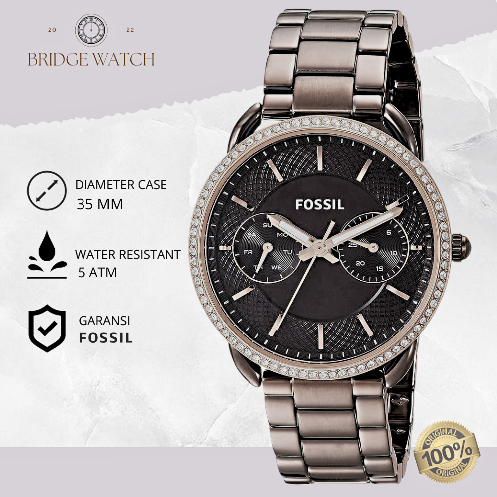 Jam Tangan Wanita Fossil Tailor ES4258 Chronograph Brown Stainless Steel Strap Rantai Mewah Original
