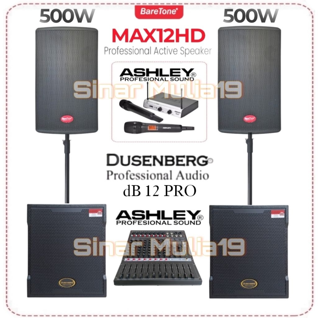 Paket Live Musik Cafe ( Karaoke ) Speaker Aktif BareTone MAX12HD Subwoofer Aktif DusenBerg dB 12 PRO