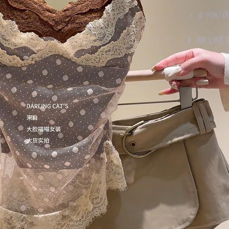 Kamisol Renda Dua Potong Palsu dengan Bantalan Payudara, Renda Polkadot, Pakaian Luar Tanpa Lengan M