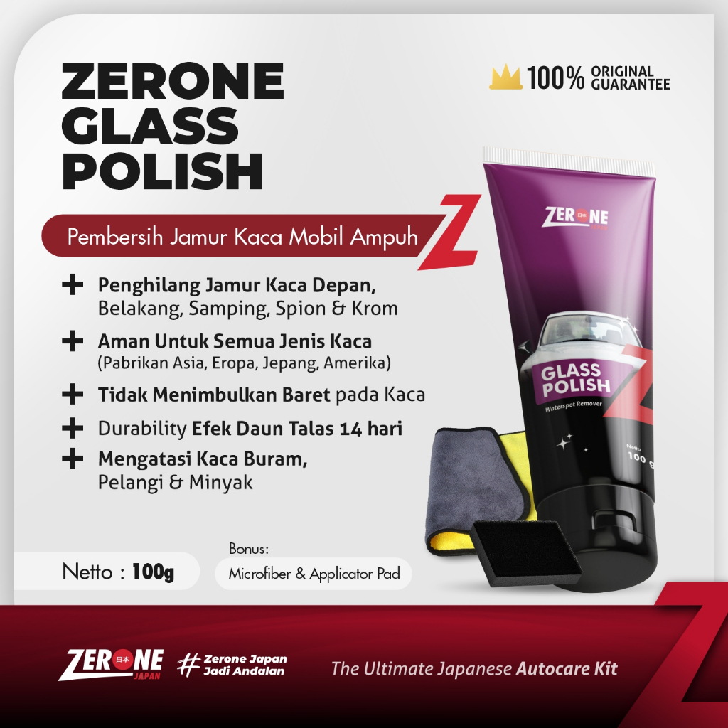 Zerone Japan Glass Polish Pembersih Jamur Kaca Mobil Efek Daun Talas 14 Hari