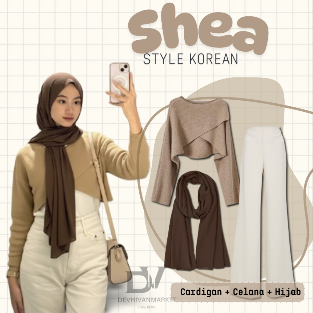 One Set Wanita Kekinian Rajut | Cardigan Cream + Cutbray Premium + Hijab Pasmina Free Kacamata Set 3