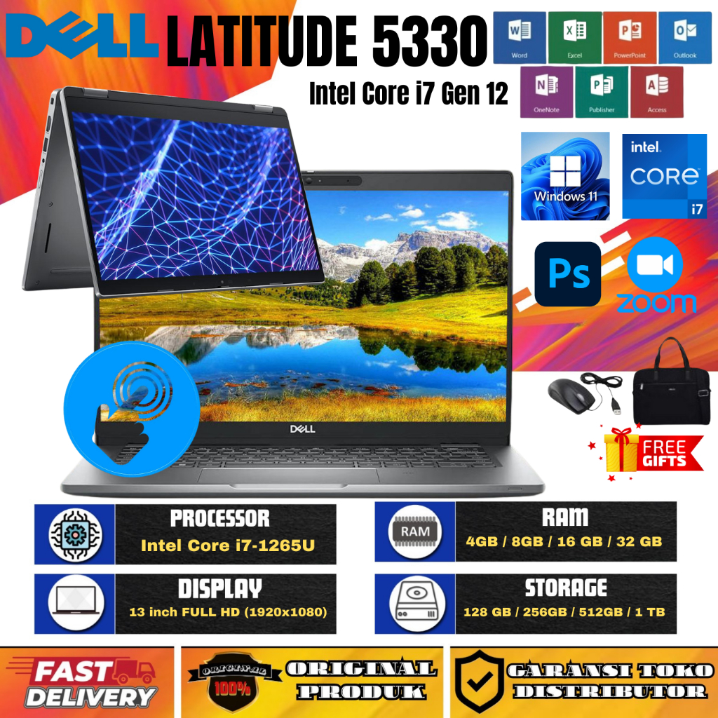 Laptop TOUCHSCREEN DELL LATITUDE 5330 Core i7 GEN 12 - ( FLIP 360 drajat ) FULLSET FREE MOUSE + TAS 