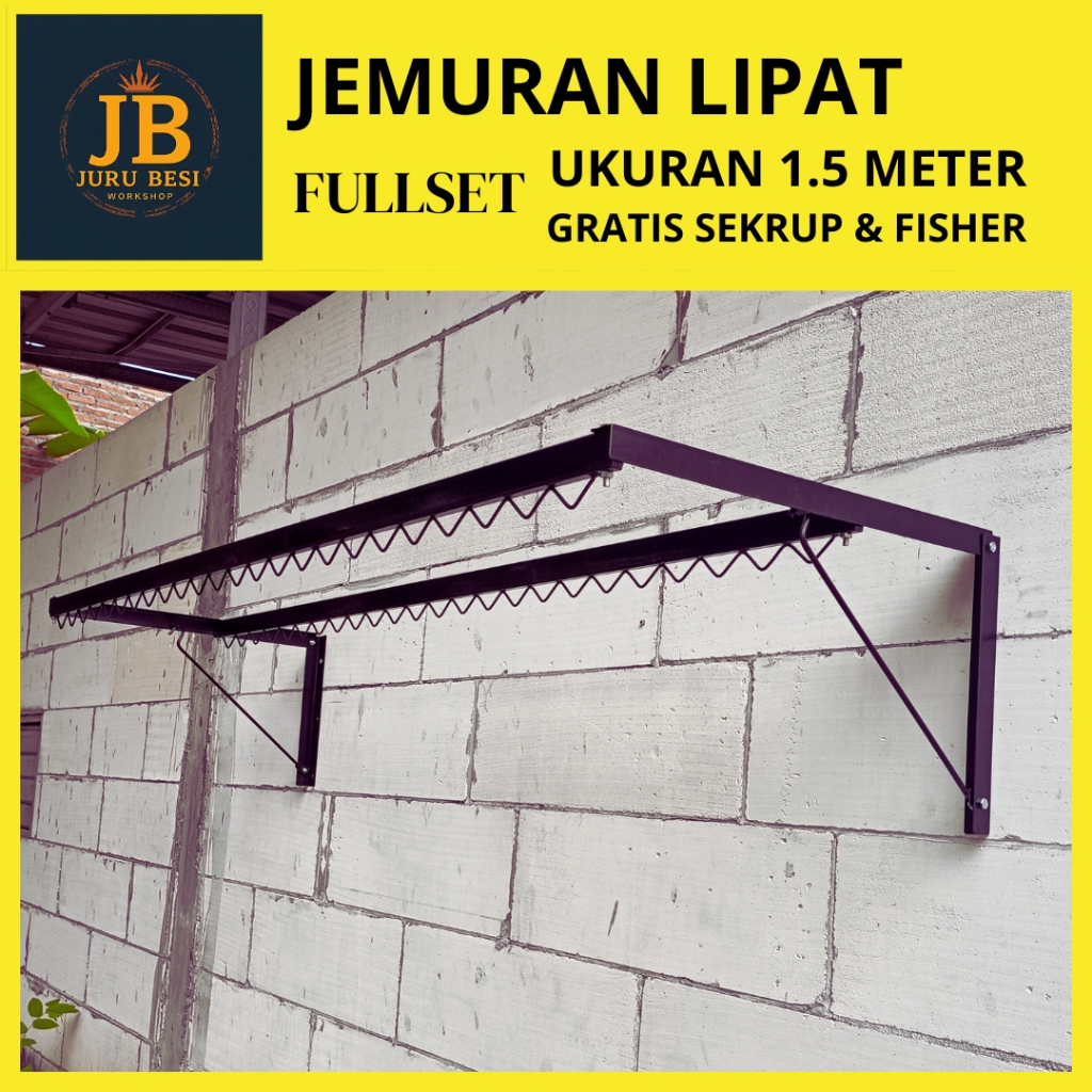 Jemuran lipat panjang 1.5 meter tempel dinding bahan besi galvanis gantungan baju hanger kastok